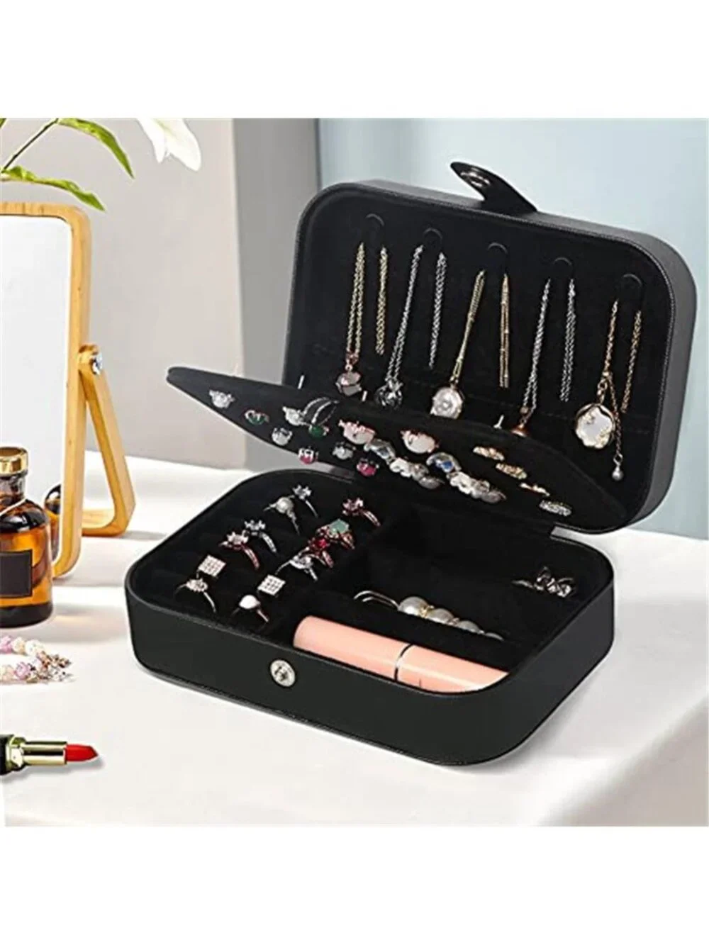 Travel Jewelry Box Organizer Black Faux Leather Necklace Ring Earring Storage